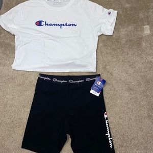 Champion NWT Athletic Set - White Logo Tee (L) & Black Shorts (XL)